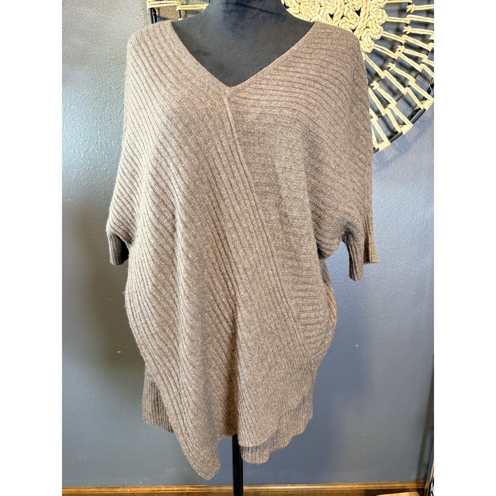 Womens Vince Brown V-Neck Short Sleeve Sweater Sz S Oversized 100% Cashmere